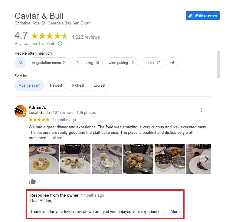 Google Restaurant Review