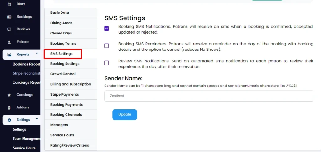 Restaurant SMS Settings