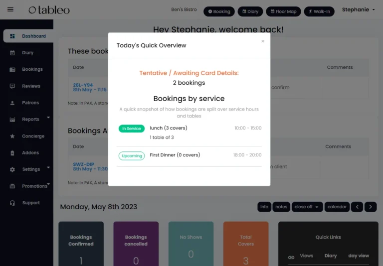 Quick view of pending bookings