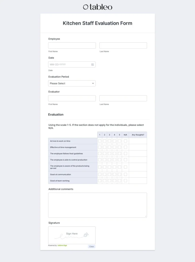 Tableo Kitchen Staff Evaluation Form