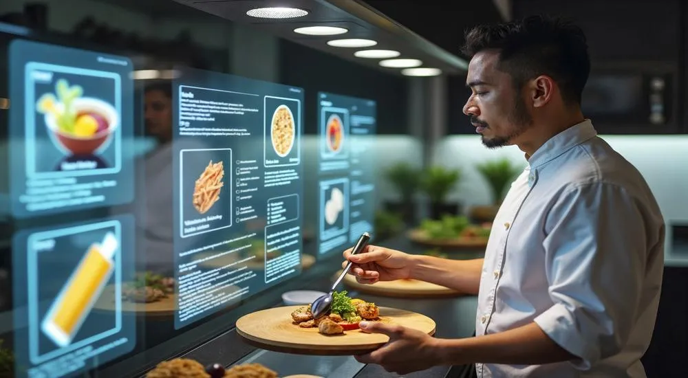 Chef using futuristic AI powered digital screens to plan and serve restaurant dishes symbolizing artificial intelligence in modern restaurant management