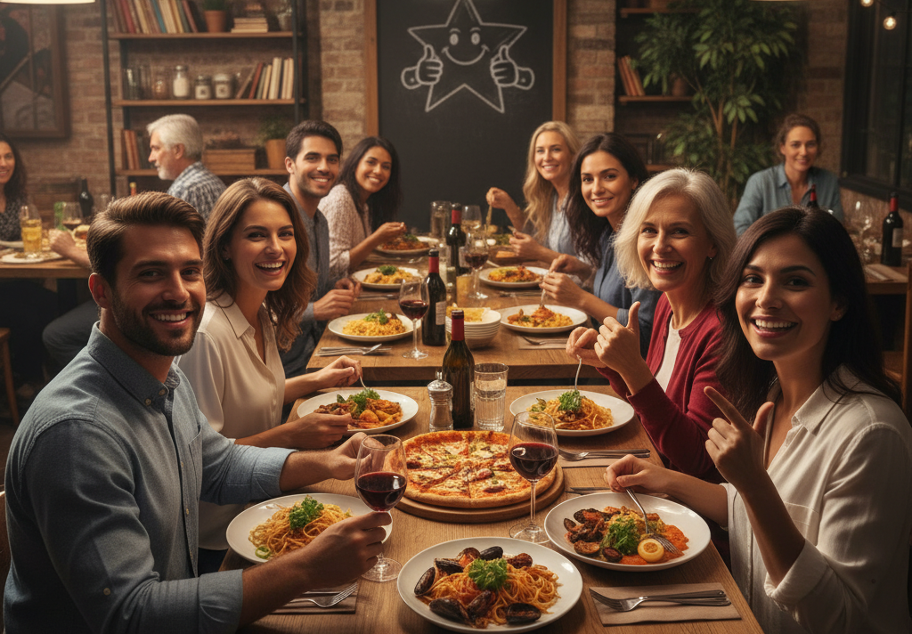Diners enjoying a meal together in a warmly lit restaurant sharing pizza and pasta dishes in a cozy lively atmosphere