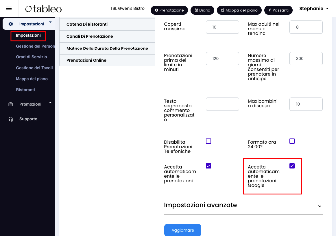 Attivare l'accettazione automatica delle prenotazioni Google