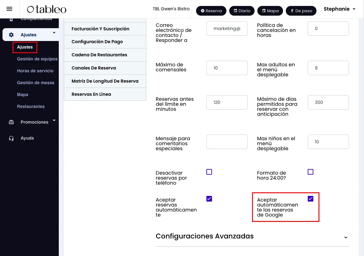 Activar la aceptación automática de reservas de Google