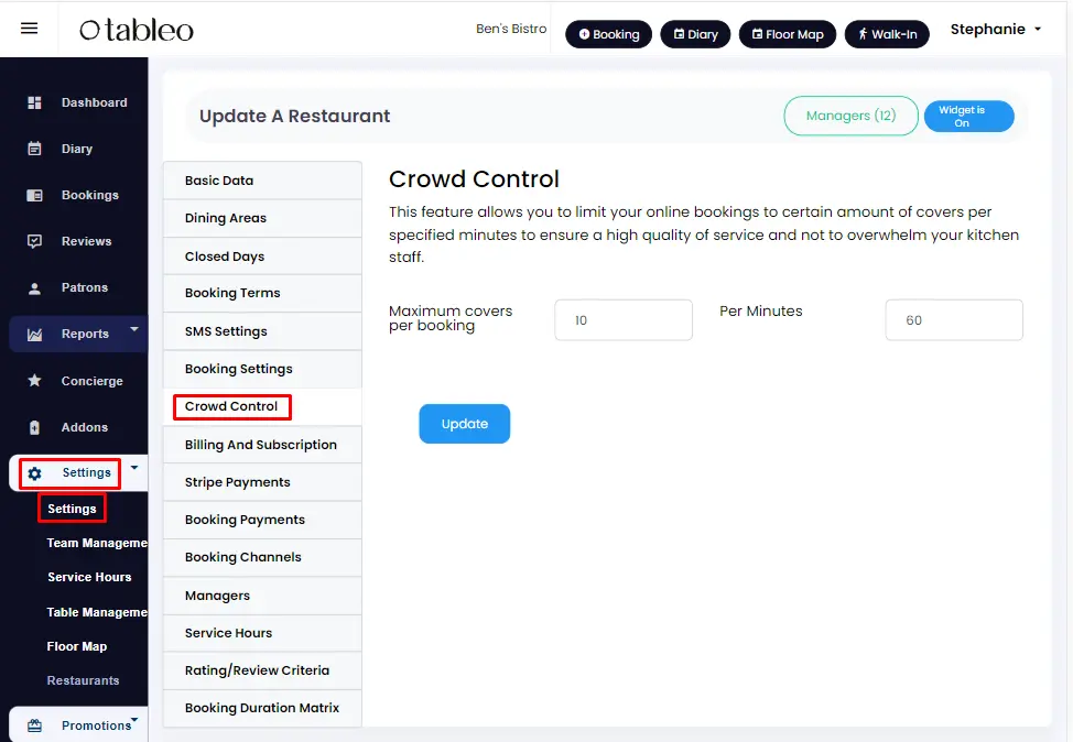 Crowd control feature on Tableo