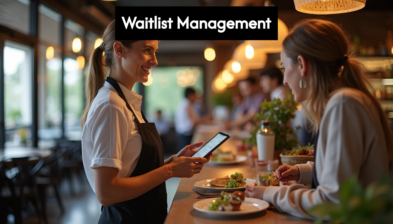 Restaurant host using digital waitlist at entrance