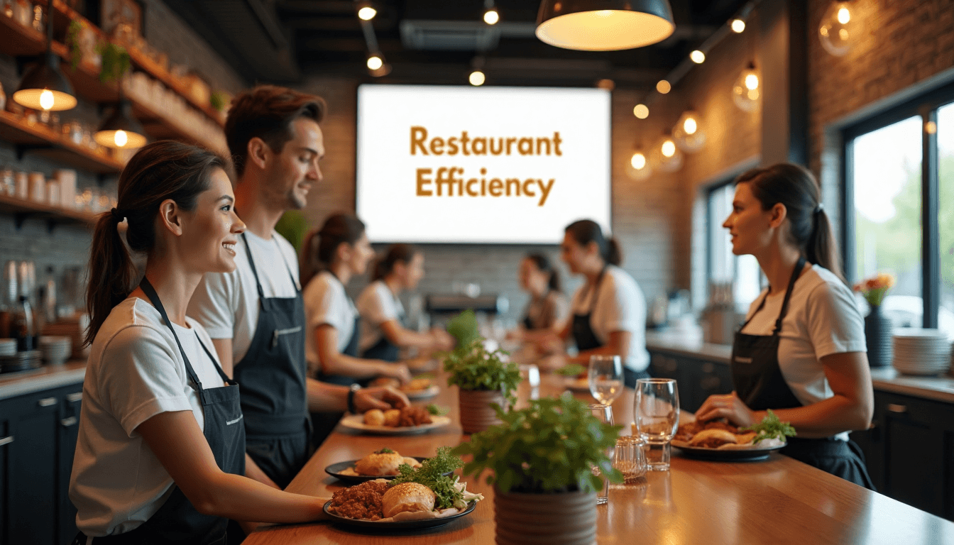 Restaurant staff collaborating under bright sunlight digital menu displays text