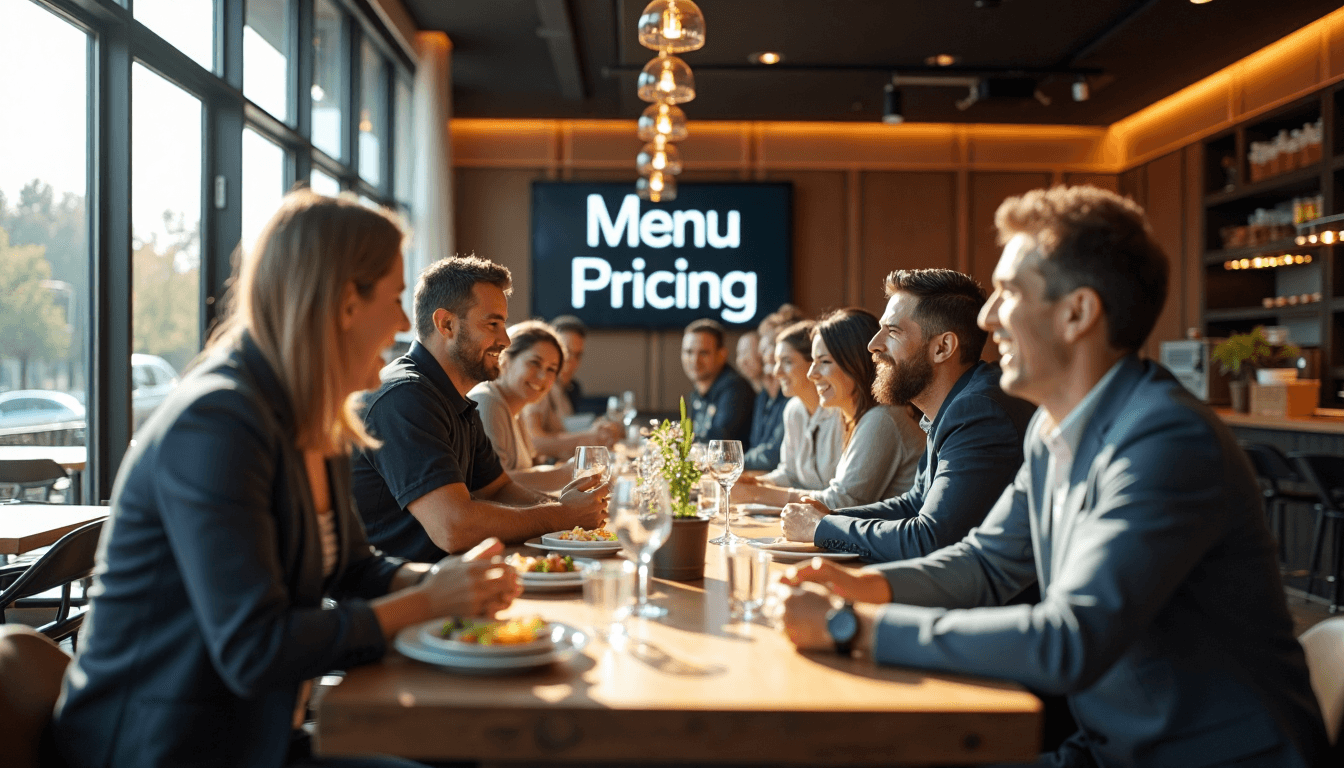 Restaurant staff discussing menu pricing in sunlit interior