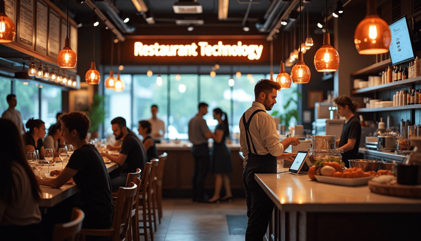 Modern restaurant with staff and smart devices digital sign showing Restaurant Technology