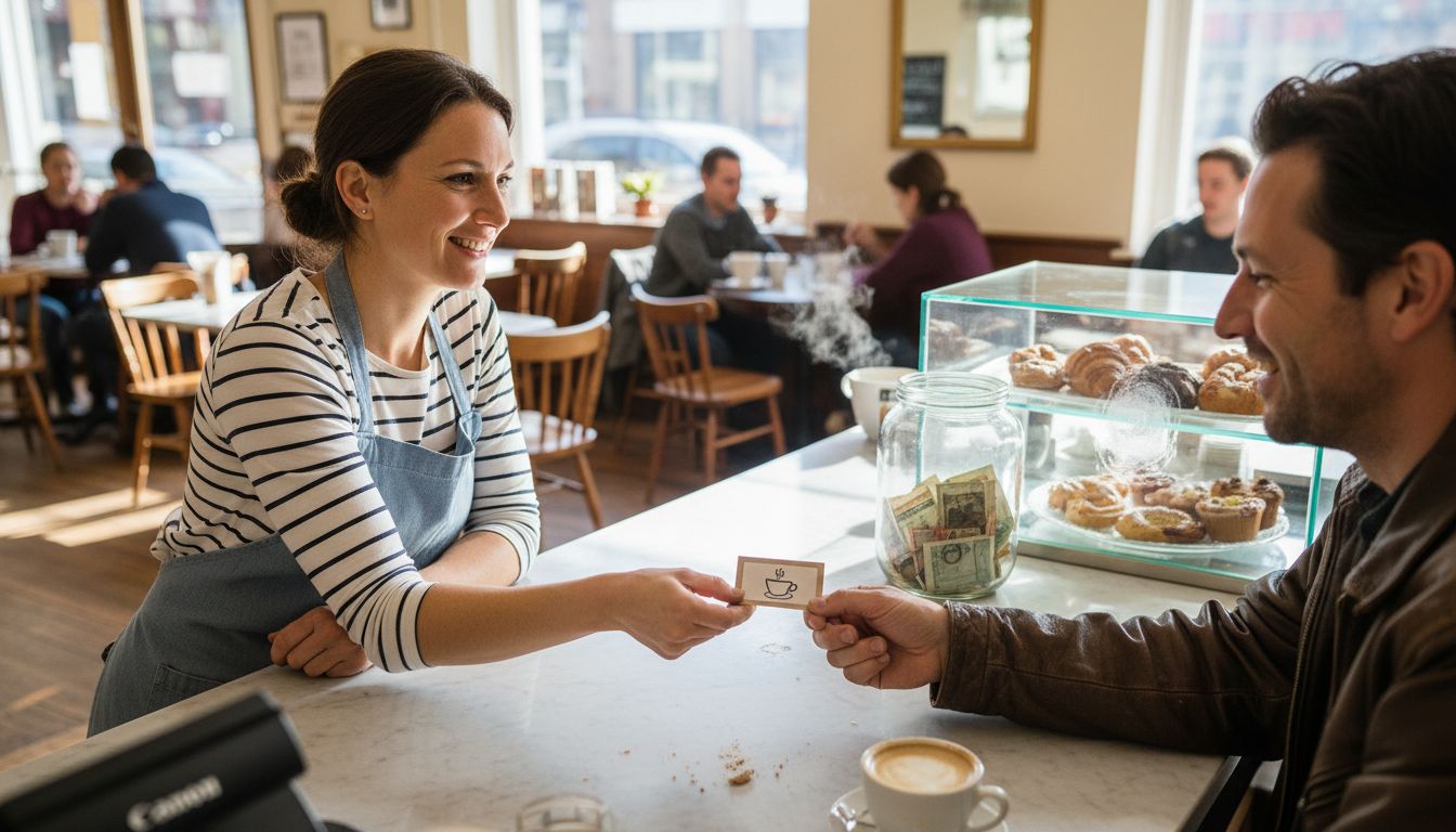 Barista giving customer loyalty card at café
