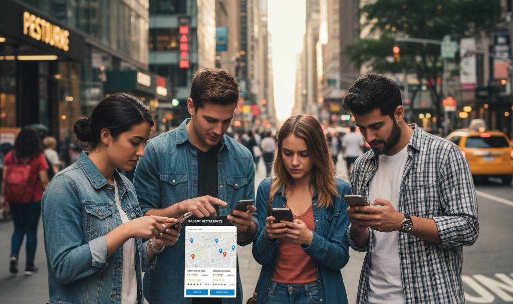 People standing on a city street using smartphones to search for and book nearby restaurants through an app