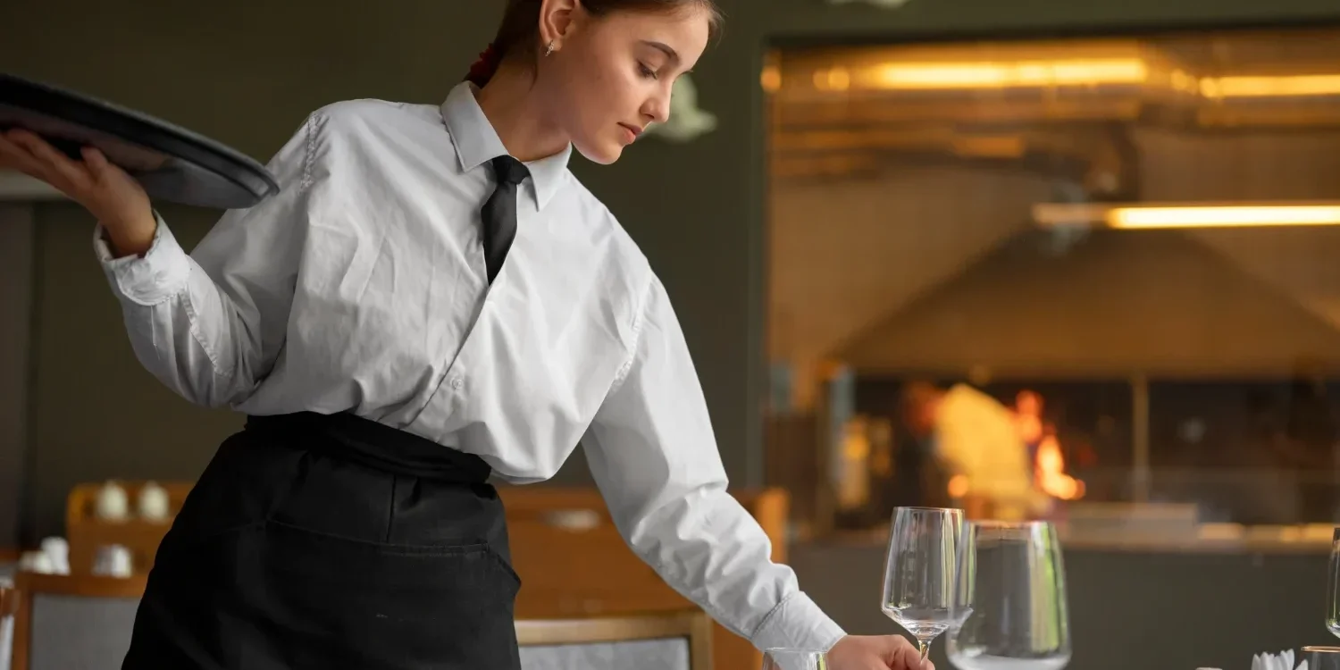 Restaurant waiter preparing tables in advance of guest arrivals