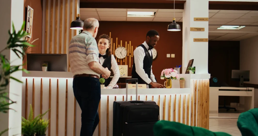 Modern hotel lobby representing hospitality environment for restaurant system use